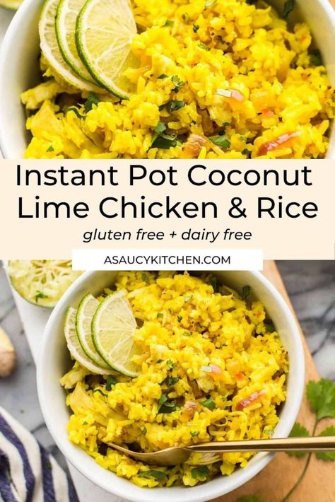 Bright, zesty and supremely satisfying - this Instant Pot Coconut Lime Chicken and Rice will soon become a meal-time favourite in your home! In addition to the light and creamy coconut lime flavour - onion, garlic and ginger make up the base flavours while the heat from the chili adds a gentle hum of spice. The turmeric provides the vibrant golden colour along with its powerful anti inflammatory benefits. | Gluten Free + Dairy Free Lime Chicken And Rice, Gluten Free Instant Pot Recipes, Gluten Free Instant Pot, Coconut Lime Chicken, Moonshine Recipes, Healthy Instant Pot Recipes, Golden Colour, Macro Meals, Instant Pot Dinner Recipes