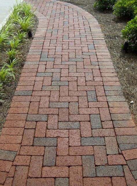 Rumbled Full Range clay pavers by Pine Hall Brick are tumbled after firing to give your DIY project a antique old world look and feel. Herringbone Brick, Brick Sidewalk, Landscape Pavers, Brick Patterns Patio, Brick Pathway, Outdoor Pavers, Walkway Landscaping, Brick Path, Brick Walkway