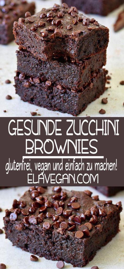 Vegane Zucchini Brownies, die weich, saftig und sehr schokoladig sind! Das Rezept ist pflanzlich, glutenfrei, einfach und lecker! Genieße diesen veganen Schokokuchen mit deiner Familie und Freunden. Kinder werden dieses gesunde Schokoladen-Dessert ebenfalls lieben. #elasrecipes | elavegan.com/de Vegan Zucchini Brownies, Brownie Vegan, Healthy Chocolate Desserts, Zucchini Brownies, Resep Brownies, Vegan Chocolate Cake, Vegan Zucchini, Healthy Zucchini, Health Desserts