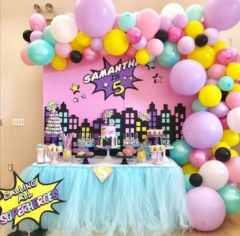 Superhero Candy, Candy Dessert Table, Supergirl Party, Superhero Girls Birthday, Supergirl Birthday, Girl Superhero Party, Girls Birthday Party Decorations, Girls Party Decorations, Girl Birthday Themes