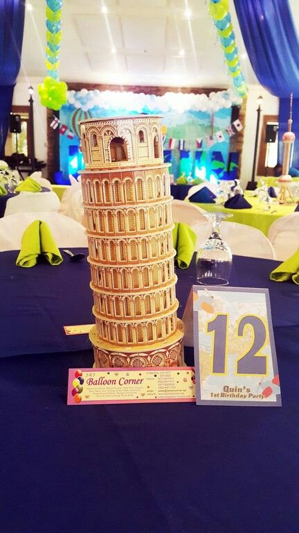 Around the World themed Table Centerpiece - Leaning Tower of Pisa Around The World Prom Theme, Disney Wedding Centerpieces, Around The World Theme, Prom Themes, Travel Party Theme, Japan Holidays, Tower Of Pisa, Prom Theme, Travel Theme Wedding