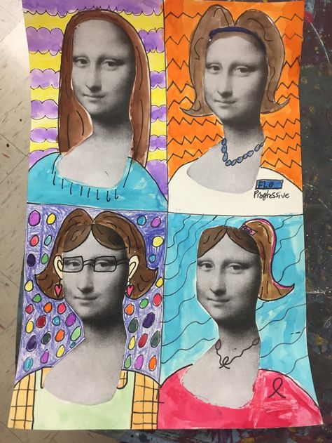 Mona Lisa Art Projects For Kids, Mona Lisa Art Project, Kids Art Class Ideas Lesson Plans, Hatching And Cross Hatching, Mona Lisa Art, Mona Lisa Parody, Elementary School Art, The Mona Lisa, Liquid Watercolor