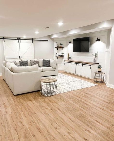 Open Finished Basement Ideas, Finished Basement Ideas With Bedrooms, Decorated Basement Ideas, Tv Stand Basement, Basement Ideas Finished Family, Rectangle Basement Ideas, Small Basement Floor Plans Layout, Basement Ideas Brown Couch, Basement Built In Toy Storage