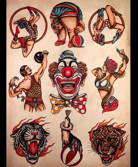 Circus Tattoo Traditional, Circus Tattoo Ideas, Carnival Tattoo, American Traditional Sleeve, Circus Tattoo, Traditional Tattoo Old School, Vintage Tattoo Design, Timeless Tattoo, Clown Tattoo