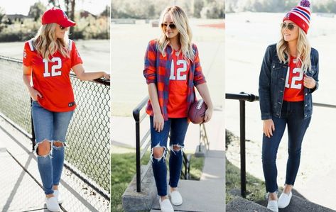 Super Bowl Outfit Ideas! 3 Ways To Style A Jersey. What to wear to a Super Bowl Party. How to wear a jersey. Womens Jersey Outfit, Jersey Party Outfit, Superbowl Party Outfit, Super Bowl Outfit, Outfits Con Camisa, Neon Prom Dresses, Football Jersey Outfit, Outfits Con Jeans, Outfit 2020