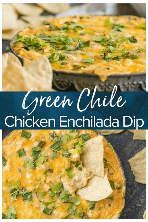 Green Chili Chicken Enchilada Dip, Green Chile Chicken Dip, Chicken Enchilada Dip Easy, Green Chile Chicken Enchilada Dip, Chicken Enchiladas Dip, Mexican Chicken Dip Recipe, Enchiladas Dip, Hatch Chilies, Cheesy Dips