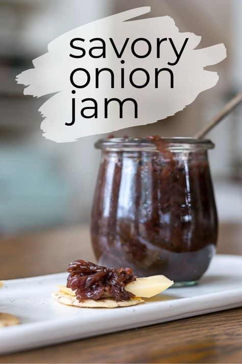 This Savory Red Onion Jam recipe is the perfect condiment for sandwiches, pizzas and as an addition to your meat and cheese platter. This Balsamic Onion Jam also features red wine and subtle, earthy thyme. Canning this onion jam makes great food gifts; the addition of vinegar and wine raises the acidity and makes this a perfect recipe for preserving onions. Preserving Onions, Balsamic Onion Jam, Onion Jam Recipe, Red Onion Jam, Homesteading Recipes, Quick Pickles, Cabin Food, Savory Jam, Meat And Cheese Tray