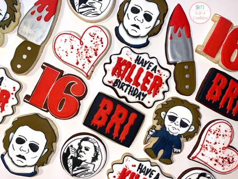 Michael Myers Cookies Decorated, Michael Myers Cookies, Horror Cookies, Movie Cookies, Halloween Sugar Cookies, Cookies Ideas, Horror Themes, Fall Cookies, Cake Business