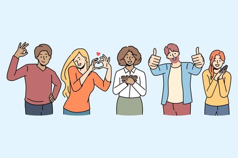 Overjoyed diverse multiethnic young people feel positive and joyful show diverse hand gestures. Smiling men and women use body language, ok, thumb up, heart sign. Vector illustration. Positive Body Language, Body Language Illustration, Draw Show, Body Language Signs, Cartoon Body, Newborn Feeding, Thumb Up, Hand Gestures, Family Drawing