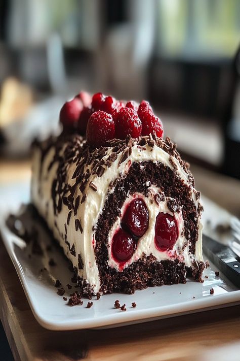 Classic Heavenly Black Forest Roll Cake Recipe Dessert Roll Recipes, Black Forest Cake Roll, Black Forest Roll Cake, Roulade Recipe Desserts, Unusual Desserts, Choc Ripple Cake, Unusual Dessert, Roll Cake Recipe, Roulade Recipe