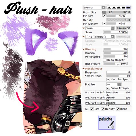 Plush-Hair Paint Tool Sai Tutorial, Clip Studio Paint Brushes, Sai Brushes, Digital Painting Techniques, Paint Brush Art, Paint Tool Sai, Coloring Tutorial, Digital Painting Tutorials, Clip Studio Paint