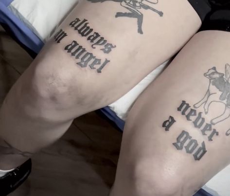 Angel Above Knee Tattoo, Always And Angel Never A God Tattoo, Always An Angel Never A God Tattoo Boygenius, Always An Angel Never A God Tattoo, Phoebe Bridgers Moon Song Tattoo, Boygenius Tattoo, Nirvana Angel Tattoo, Tattoos That Mean Something, God Tattoo