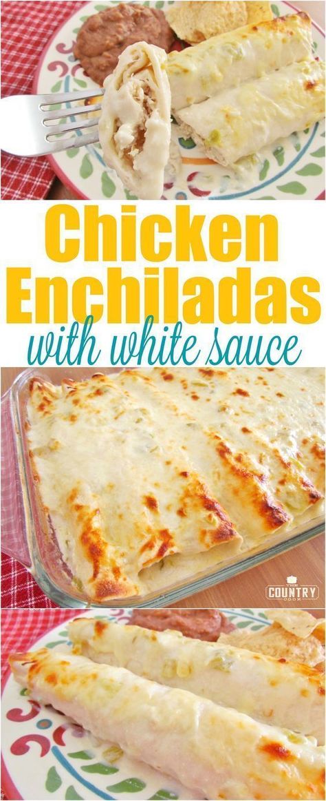 Chicken Enchiladas With White Sauce, Enchiladas With White Sauce, White Sauce Enchiladas, Creamy Cheesy Chicken, Mexikansk Mat, Cheesy Chicken Enchiladas, White Chicken Enchiladas, Creamy Chicken Enchiladas, Chicken Enchilada Recipe