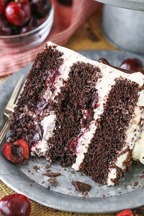 Black Forest Cake - layers of moist chocolate cake, whipped cream, cherries and cherry liqueur! Completely homemade! Chocolate Cake With Cherries, Cake With Cherries, Black Forest Cake Recipe, Chocolate Cherry Cake, Chocolate Cake Recipe Moist, Chocolate Drip Cake, Cherry Liqueur, Black Forest Cake, Forest Cake