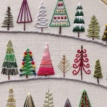 Anna • Calvillo Creations • Embroidery Artist on Instagram: "#throwbackthursday to the 2022 AdvenTrees stitch along hosted by @em_bea_roidery 🎄 Each year, Bea puts out an amazing free pattern for everyone to stitch each day of December before Christmas. 😍 This tree pattern was from last year and taught me so much about different embroidery techniques. This year’s SAL will be filled with cute holiday icons to stitch and I can’t wait to start! Follow @stitching.down.to.christmas for the pattern and to join this year. 🎄🎁❄️" Hand Embroidered Tree, Simple Winter Embroidery Patterns, Xmas Tree Embroidery, Simple Holiday Embroidery, Embroidered Trees Simple, Simple Christmas Hand Embroidery, Easy Christmas Embroidery Patterns Free, Easy Christmas Tree Embroidery, Embroidered Christmas Trees