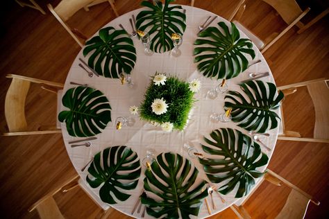 Monstera leaves were used as table mats for this beach wedding. #wedding #weddingdecor #tabledecor # monsteraleaf #palms #palmtree Wedding Table Display, Monstera Leaves, Modern Tropical, Leaf Table, Tropical Wedding, Anniversary Party, Monstera Leaf, Place Setting, Palm Leaf