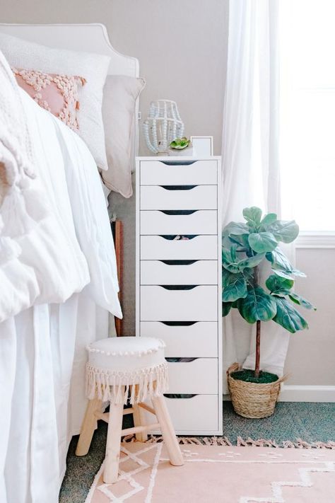 Boho-Chic Dorm Room Decorating Hacks | HGTV Dorm Nightstand, Ikea Dorm, Dorm Room Makeover, Dorm Room Pictures, Luxury Dorm, College Dorm Storage, Chic Dorm Room, Luxury Dorm Room, Dorm Room Headboards