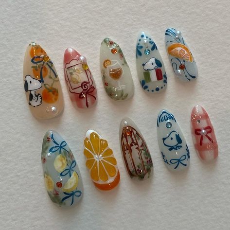 press on nails • nail design art | custom set ; snoopy’s italian summer | Instagram Summer Nails Press On, Nail Press On Designs, Italian Summer Nails, Peanuts Nails, Nails Press On, Shrimp Nails, Snoopy Nail Art, Italian Nails, Nail Art Trending