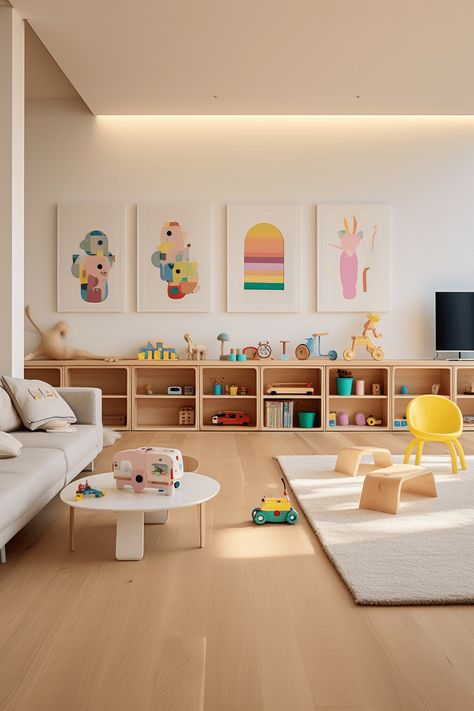 22 Minimalist Playroom Ideas That Will Inspire You To Declutter - In The Playroom Minimalist Playroom, Kids Rooms Inspo, Living Room Playroom, Montessori Playroom, Baby Playroom, Kids Living Rooms, Toddler Playroom, Kids Playroom Decor, Baby Room Inspiration