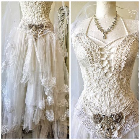 Ripped Wedding Dress, Wedding Dress Crochet, Crochet Wedding Dress, Tattered Wedding Dress, Upcycled Wedding Dress, Wedding Dress Costume, Crochet Wedding Dresses, Preformance Outfits, Crochet Wedding