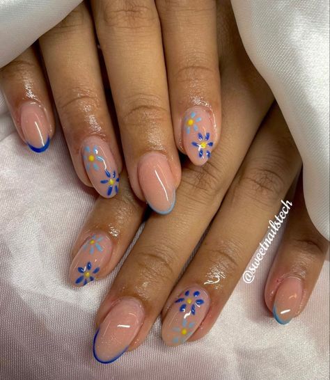 Mexican Almond Nails, Mexican Flower Nails, Almond Blue Nails, Girly Acrylic, Mexican Flowers, Girly Acrylic Nails, Short Square Acrylic Nails, Square Acrylic Nails, Pedicures