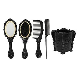 EXCEART 1 Set 5 Pcs Mirror Comb Set Vintage Hand Mirror Antique Hair Brush with Storage Holder for Wet/Dry Hair Styling Tool Makeup Accessories (Black) Vintage Hand Mirror, Decorative Hair Combs, Mirror Antique, Hair Styling Tool, Men's Short Hair, Hair Massage, Comb Set, Hair Knot, Handheld Mirror