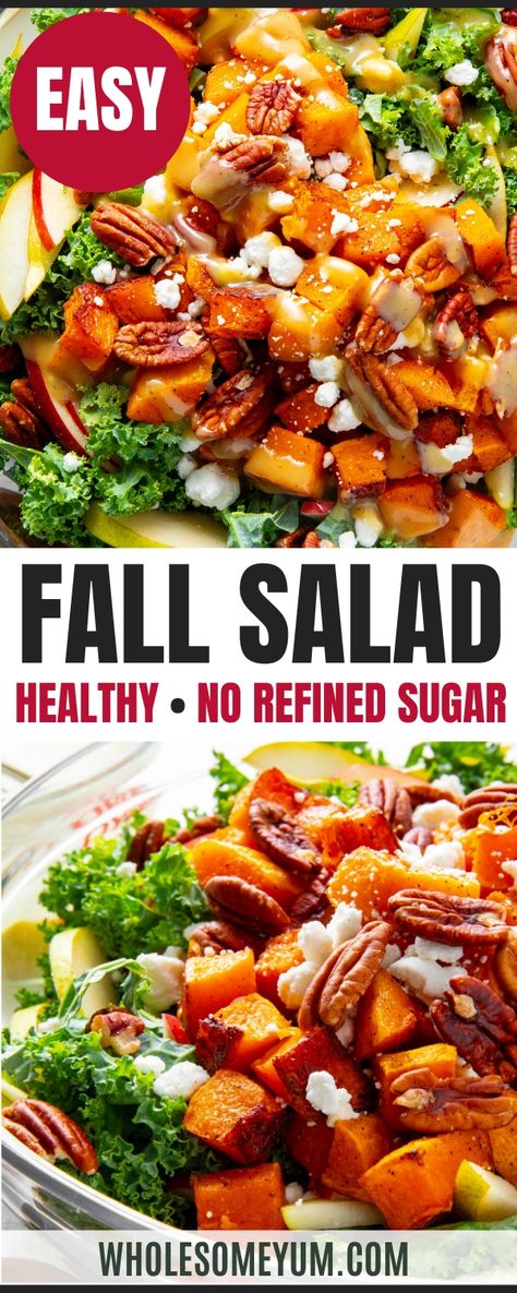 My easy fall salad recipe with roasted butternut squash, apples, pears, goat cheese, & maple tahini dressing is the best of autumn in a bowl. Savory Salads Recipes, Fall Salad Recipes Easy, Fresh Carrot Salad, Butternut Kale Salad, Fall Squash Salad, Kale And Brussels Sprout Salad, Easy Fall Salad Ideas, Maple Salad Dressing Recipes, Heart Healthy Thanksgiving Side Dishes