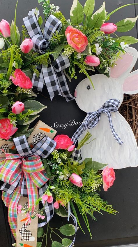 Spring Magic, Beautiful Tulips, Easter Door Wreaths, Easter Crafts For Adults, Wooden Bunny, Easter Wreath Diy, Easter Spring Wreath, Buffalo Plaid Ribbon, Door Wreaths Diy