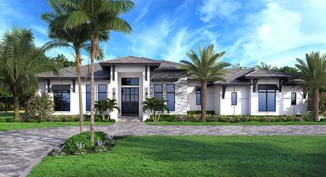 Color front elevation rendering of the 3306sf 4 bedroom 3 bath Robyn house plan created by South Florida Design located in Bonita Springs, Florida Beach Homes Plans, Transitional House Plans, Coastal Homes Plans, Florida House Plans, British West Indies, Stucco Exterior, Modern Style House Plans, Ceiling Treatments, Casa Exterior