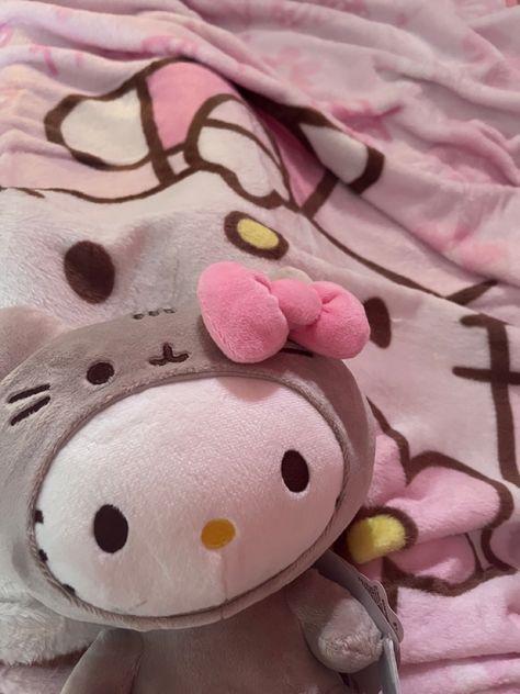 hello kitty x pusheen plush and blanket ^_^ Hello Kitty Pusheen Plush, Hello Kitty Blankets, Pusheen And Hello Kitty, Pusheen Hello Kitty, Hello Kitty And Pusheen, Hello Kitty Pusheen, Pink Kawaii Aesthetic, Hello Kitty X Pusheen, Hello Kitty Plushies