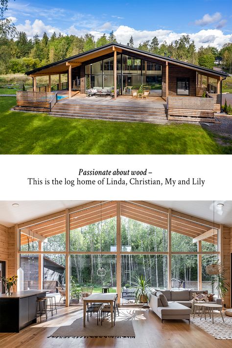 A unique, contemporary log home for a family of four in Finland. The gable-end window wall provides the home with a Nordic ambience. Subdued decor with natural materials was chosen, so as not to draw attention away from the landscape. The centrepiece is the living-room-dining-area-kitchen. 
#Honkarakenne #Honkatribe #loghouse #loghomelife #loghomeliving #hirsitalo #hirsikoti #honka #cozy #relax #nordicdesign #nordicarchitecture #woodenhouse #modern #contemporary #scandinavian #architecture #roof Pole Barn Homes Interior, Barnodium Homes, 40x60 Pole Barn, Chalet Modern, Barndominium With Shop, Scandinavian Modern House, Nordic House, Amber Lewis, Modern Barn House