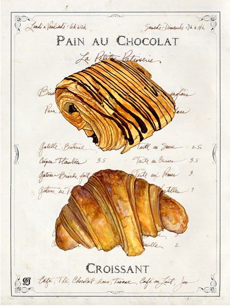 Joyner -Pastry croissant Diy Buch, 달력 디자인, Family Book, Culinary School, French Pastries, Fete Anime, Food Drawing, Watercolor Inspiration, Room Posters