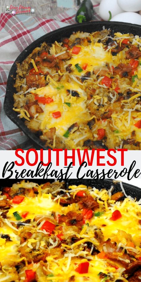 Cast Iron Skillet Southwest Breakfast Casserole DINE DREAM DISCOVER Breakfast Casserole Cast Iron Skillet, Recipes With Cast Iron Skillet, Southwest Breakfast Skillet, Cast Iron Breakfast Casserole, Cast Iron Breakfast Recipes, Southwest Breakfast Casserole, Eggs In Cast Iron Skillet, Cast Iron Skillet Recipes Breakfast, Breakfast Skillet Ideas