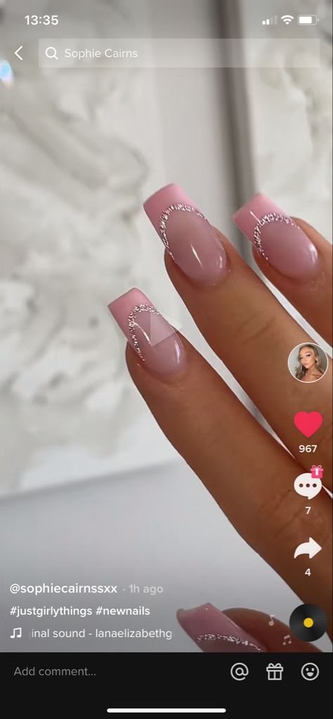 Pink And Silver French Nails, Nail Designs For Pink Dress, Pink Grad Nail, Pink French With Glitter Line, Pink French Tip Nails With Jewels, Light Pink Nails With White French Tip, Light Pink And Silver Nails Prom, Sparkly Nails For Prom, Nails For A Pink Prom Dress