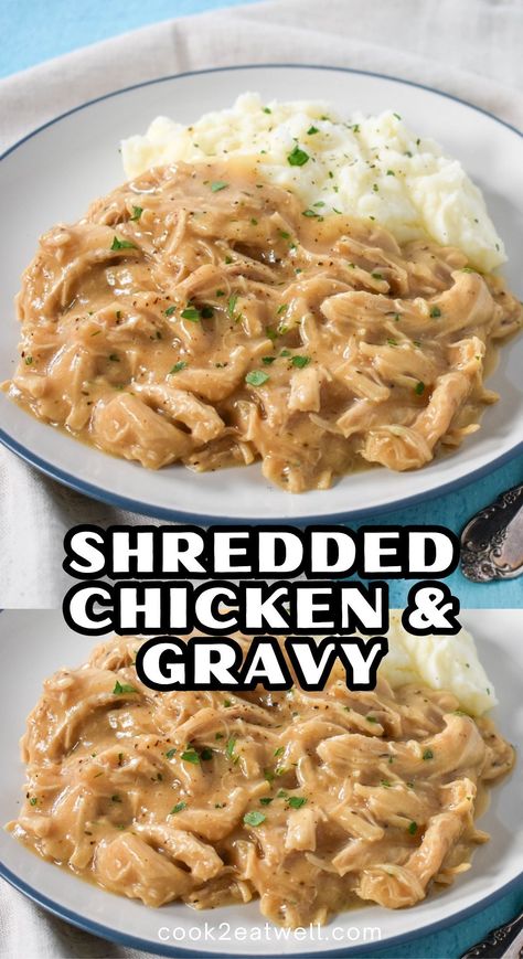 Indulge in comfort food with this shredded chicken and gravy dinner. Tender chicken in a rich gravy, perfect for cozy evenings. Get the recipe now or Pin it for later. Feeding Homeless Meals, Shredded Chicken And Gravy, Shredded Chicken Recipes Easy, Shredded Chicken Breast Recipes, Chicken With Gravy, Chicken Gravy Recipe, Mini Meals, Chicken And Gravy, Shredded Chicken Recipes