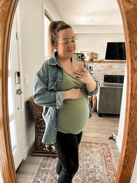 Casual Midsize women showing maternity outfit with leggings and denim jacket Midsize Maternity, Jacket For Spring, Maternity Outfit, Maternity Clothes, Bump, Denim Button Up, Button Up Shirts, I Shop, It Works