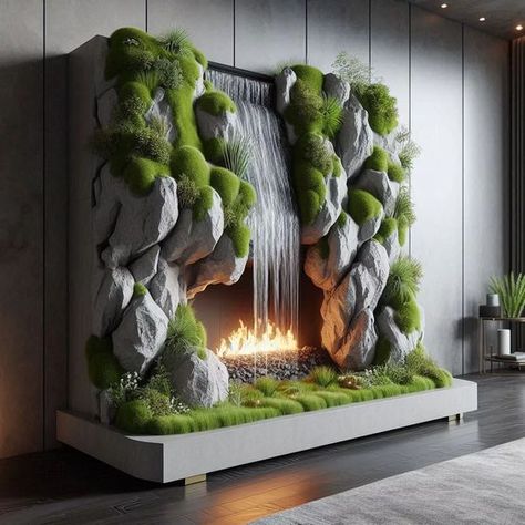 Transform Your Home with a Stunning Waterfall-Shaped Fireplace Indoor Living Wall, Indoor Waterfall Wall, Wall Plants Indoor, Living Wall Indoor, Plants Stand, Wall Plants, Bonsai Nursery, Fireplace Style, Water Wall Fountain