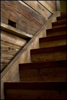 reclaimed barn stairs Barn Wood Stairs, Stairs Skirting, Barnwood Projects, Stairway Wall, Stair Rails, Old Cabins, Stair Railings, Staircase Remodel, Barn Wood Projects