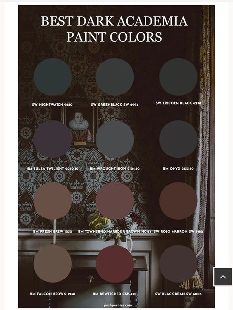 Dark Academia Room Color Palette, Dark Academia Bedroom Paint Colors, Whimsigoth Paint Colors, Dark Academia Color Scheme, Moody Home Color Palette, Messy Academia, Dark Academia Paint, Best Dark Academia Paint Colors, Dark Academia Burgundy