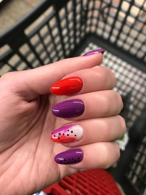 Purple and red nails #nailart #nailpolish #nailideas Red And Lavender Nails, Pink Purple And Red Nails, Red And Purple Nails Acrylic, Red And Lilac Nails, Lilac And Red Nails, Pink Red Purple Nails, Red And Purple Nails Color Combos, Red And Purple Nails Designs, Acrylic Nails Lilac