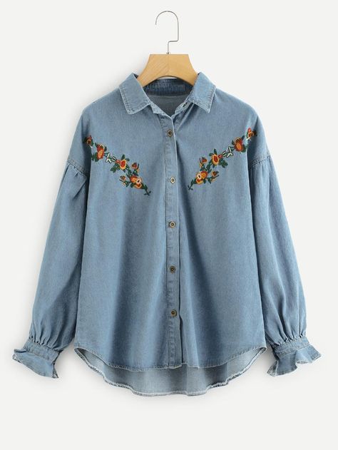 Botanical Embroidered Denim Shirt -SheIn(Sheinside) Embroidery Dolphin, Flower Embroidery Ideas, Denim Blouse Women, Satin Stitch Flower, Blouse Dress Outfit, Hand Embroidery Ideas, Flower Hand Embroidery, Roses Embroidery, Embroidered Denim Shirt