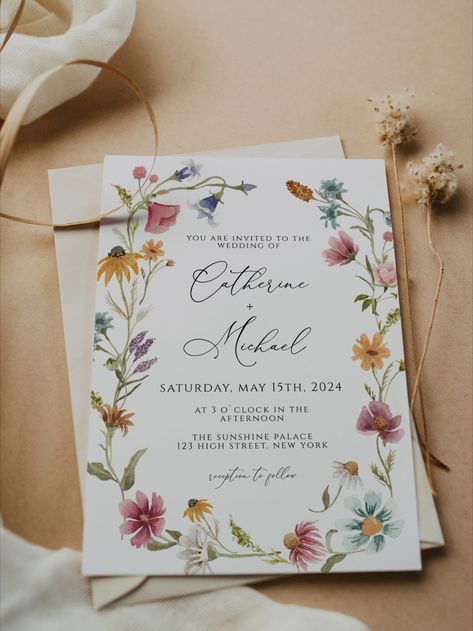 Wildflower Wedding invitation card template - edit with Corjl.com editor. Boho Wildflower Wedding, Summer Floral Wedding, Earth Tone Wedding, Wildflower Wedding Theme, Wildflower Wedding Invitations, Boho Wildflower, Interior Design Drawings, Wedding Invitation Card Template, Invitation Card Template