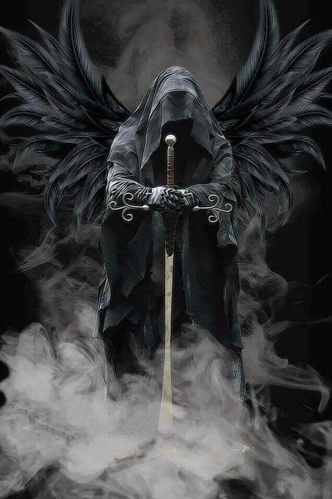 Reaper Tattoo, Dark Angel, Grim Reaper, An Angel, Black Background, Angel, Black And White, Black