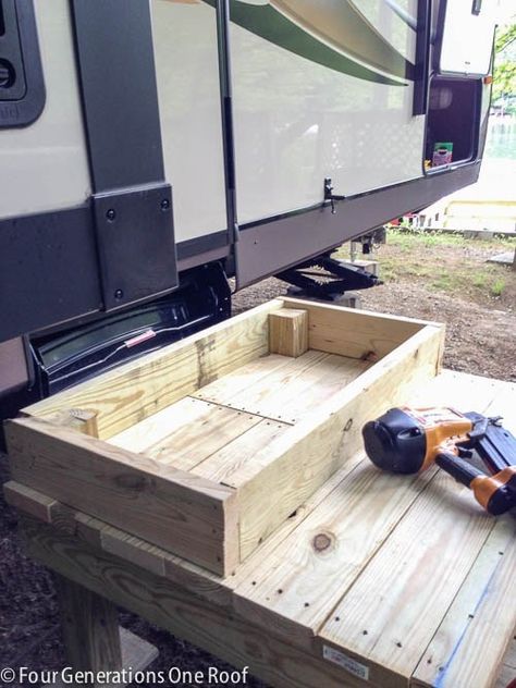 how to build stairs | How to build stairs to a camper #howtobuildstairs #stairs #diystairs #camperstairs #camper #rvliving #rvlife #woodstairtutorial Rv Porches And Decks Diy, Camper Stairs, Porch For Camper, Diy Stairs Outdoor, Build Stairs, Rv Deck, Camper Organization Rv Living, Rv Porch, Campsite Decorating