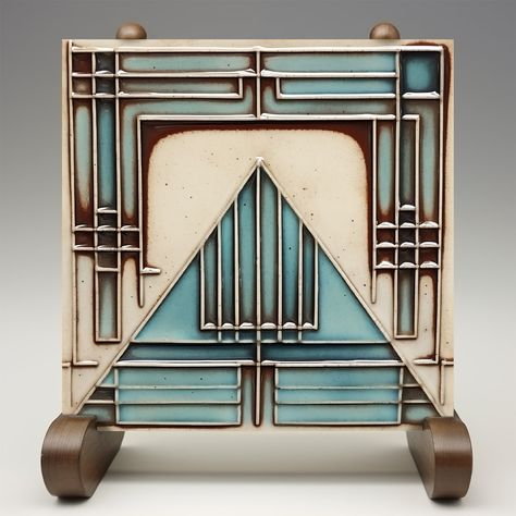 Discover the allure of the "Art Deco Triangular Geometry Ceramic Print Tile," where architectural charm meets modern printing. This piece features a striking Art Deco design with triangular shapes and linear patterns creating a sense of movement and depth. With a soothing palette of teal and cream accented by deep brown lines, the tile print captures the essence of the roaring twenties. Although the tile design suggests a three-dimensional quality, this is a high-resolution print from an origina Art Deco Lines Pattern, Art Deco Product Design, Art Deco Ironwork, Art Deco Ceramics, Art Deco Materials, Art Deco Decorations, Art Deco Palette, Teal Art Deco, Craftsman Style Interiors