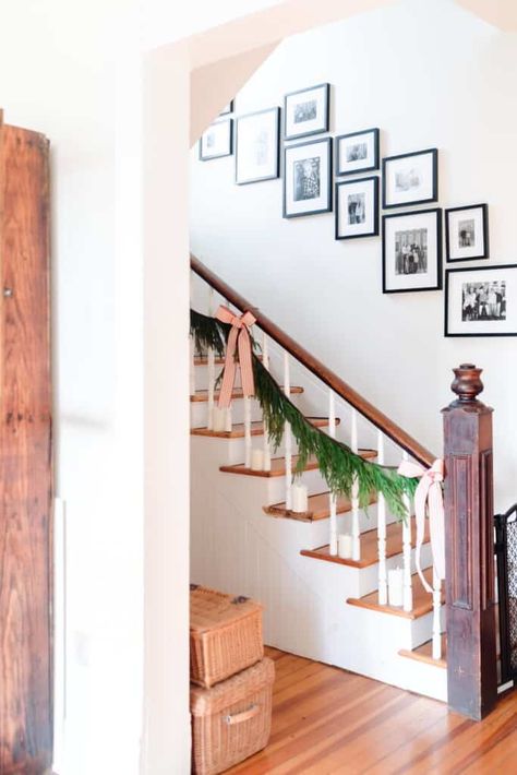 Learn how to make a staircase gallery wall with these simple and easy steps. I’ll show you how to do this the easy way, taking the headache out of it. #farmhouseonboone #staircasegallerywall Pictures Up Staircase, Pictures On Staircase Wall, Stairs Gallery Wall, Stair Wall Ideas, Staircase Gallery Wall, Gallery Wall Stairs, Staircase Frames, Wall Staircase, Staircase Gallery