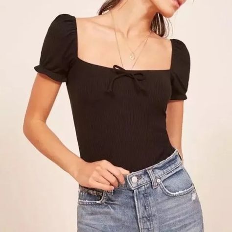 Reknovine - Square-Neck Short-Sleeve T-Shirt Puffy Sleeves Top, Sleeves Top, Puffy Sleeves, Korean Beauty, Bow Detail, Waist Length, Free Shirts, Black Top, Cute Black