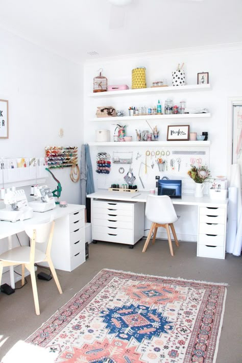 A Room Of Her Own, Creative Office Space Home, Apartment Friendly Storage, Sewing Workspace Ideas, Craft Room With Futon, Home Office Creative Space, Sewing Desk Ideas, Craft Space Ideas Workspaces, Sewing Decor Ideas