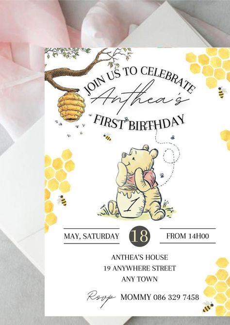 Winnie the Pooh Birthday Invitation, EDITABLE Hunnie Party Invite Template, pooh Bear and Bee Invitation, Classic, Instant Digital Download Winnie The Pooh Party Invitations, Winnie The Pooh Invitation Template, Winnie The Pooh Birthday Invitations, Pooh Invitation, Bee Invitations, Pooh Birthday, Winnie The Pooh Birthday, Baby Boy First Birthday, Bear Party