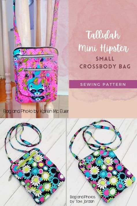 Tallulah Mini Hipster Small Crossbody Bag sewing pattern. This Mini Hipster has fashion and function and is big enough to carry just what you need with multiple pockets to provide hands-free storage for your most important items. Best of all the Tallulah Mini Hipster gives you all the features of a wallet built right into the bag and the perfect quick-access pocket on the back of the bag for your cell phone! The perfect day out crossbody bag sewing pattern. SewModernBags Small Cross Body Bag Sewing Pattern Free, Mini Crossbody Bag Pattern Free, Small Crossbody Bag Pattern, Squirrel Crochet Pattern, Cross Body Bag Pattern Free, Crossbody Bag Sewing Pattern, Phone Purse Pattern, Crossbody Bag Sewing, Crossbody Purse Patterns